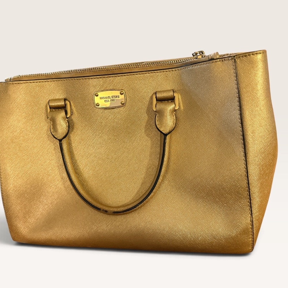 Michael Kors Metallic Gold Saffiano Leather Satchel Handbag Gold Tone Hardware